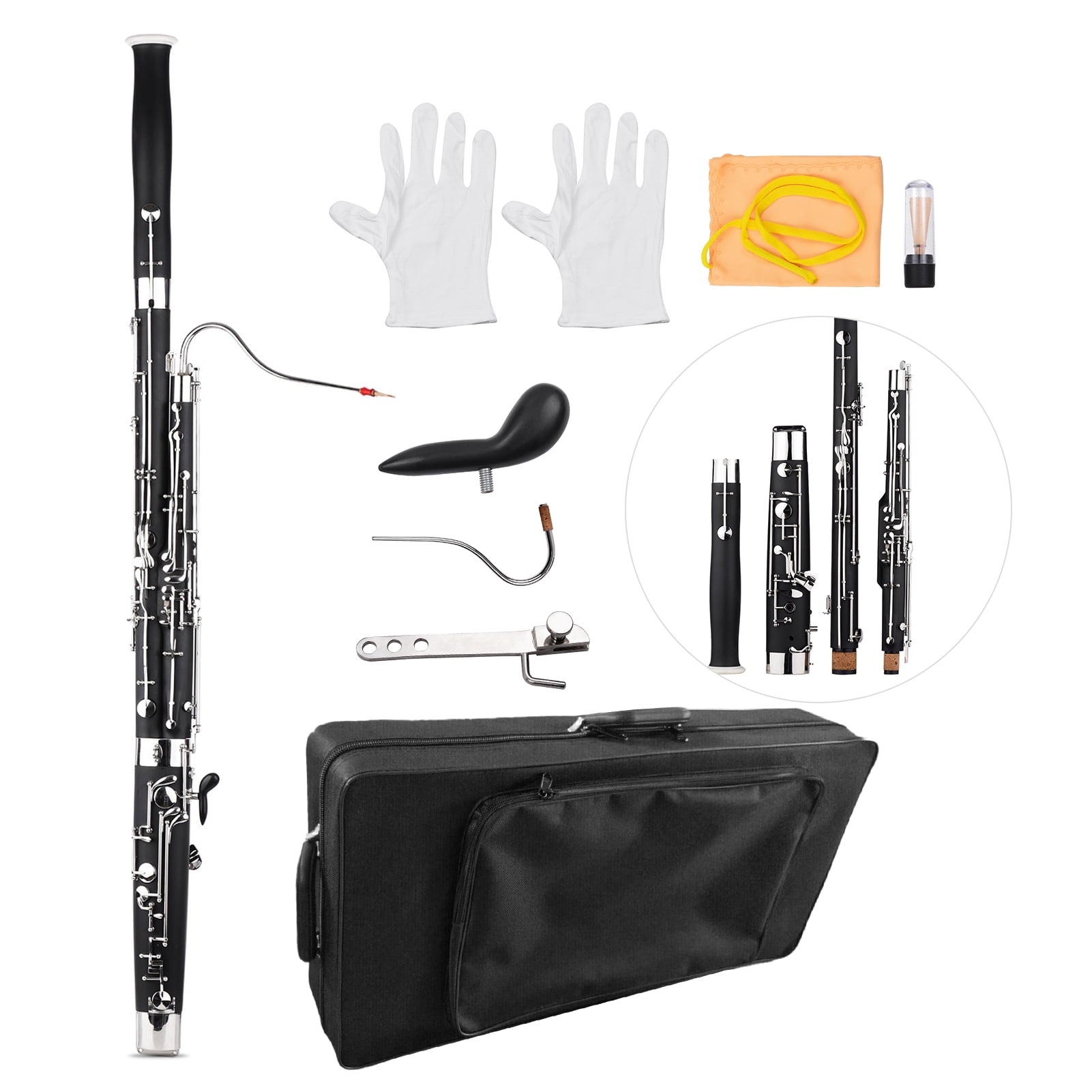 Bassoon Professional C Key Bassoon Woodwind Instrument Synthetic Wood Body Cupronickel Silver-plated & Nickel-Plated Keys with Reed Gloves Cleaning Cloth Carrying Case