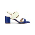 thumbnail image 3 of BLISSFUL STEP Slingback Contrast Color Chunky Heel Big Circle Buckle Heeled Sandals Blue White 7, 3 of 8