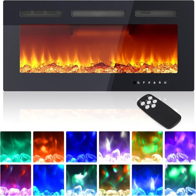 Bingirl 36-Inch Wide Black Wall-Mounted Electric Fireplace with Remote Control and Touch Screen