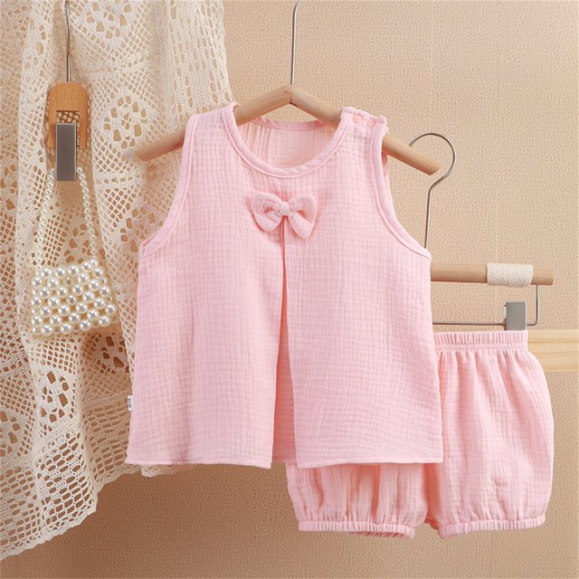 YUTK Toddler Girls Clothes 2Pcs,Solid Color Gauze Set Double-Layer Breathable Two-Piece Set Bow Top and Pants Set Round Neck Set Clearance Pink