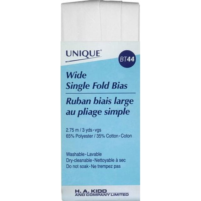 UNIQUE Ruban Bias Tape Grand à Pli Simple, 25 mm de Large et 2,75 m de long, Mélange de polycoton de 65 % polyester et 35 % Coton, Ruban Blanc Plié une Fois avec Étiquette d'Emballage Indiquant les Détails du Produit et les instructions d'Entretien, Convient pour Finir les Ourlets et les Coutures Lors de Projets de Couture.