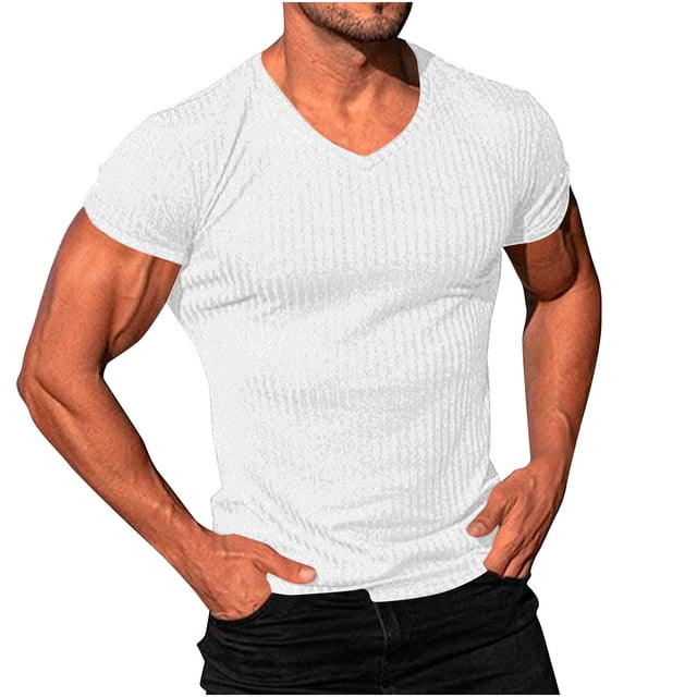Men's Slim Fit Muscle T Shirts Stretch Short Sleeve V Neck Bodybuilding Workout Gym Shirts Tee Shirts