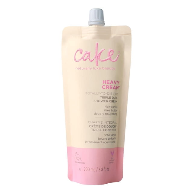 Cake Beauty Crème de Douche Ultra Puissante à Triple Usage en Sachet beige et Rose de 200 ml (6,8 fl oz) avec Bouchon à Vis Blanc, Enrichie de Beurre de Karité et de Riche Vanille pour Nourrir en Profondeur la Peau et Convient pour le Rasage, pour Aider à Prévenir les Irritations.