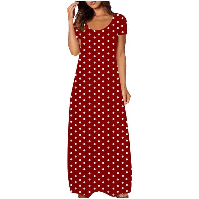 fatyb Robes Maxi à Manches Courtes pour Femmes Col Ras du Cou Décontractées Longues Robes Imprimées Robes T-Shirt d'Été