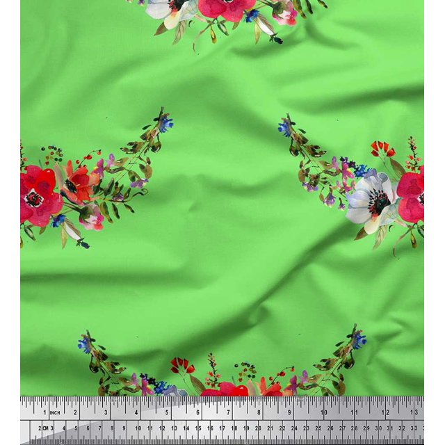 Soimoi Rayon Fabric Leaves & Anemone Flower Decor Fabric Printed Yard 56 Inch Wide