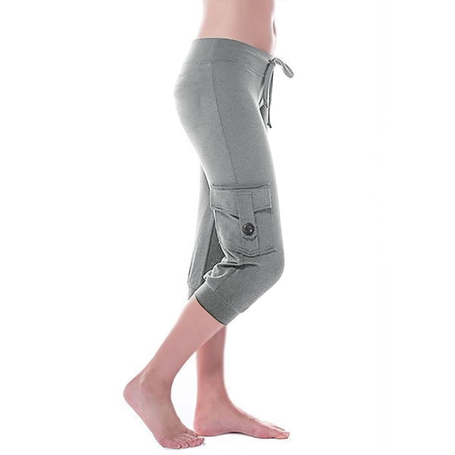 Capris pour Femmes avec Poches, Jambe Droite, Coupe Jambe, Grande Taille, Polyester, Grande Taille, Pantalons Raccourcis, Pantalons Capris Style C-381 Gris 4TG