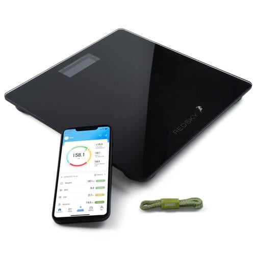 Redsky Smart weight scale with body fat and BMI tracking, featuring a sleek black design with a super clear LED display. Includes auto-induction smart boot and shutdown, accurate weighing stable system, and built-in four-point precision sensor. The image also shows a smartphone displaying the companion app interface and a green measuring tape, highlighting its smart health monitoring capabilities.