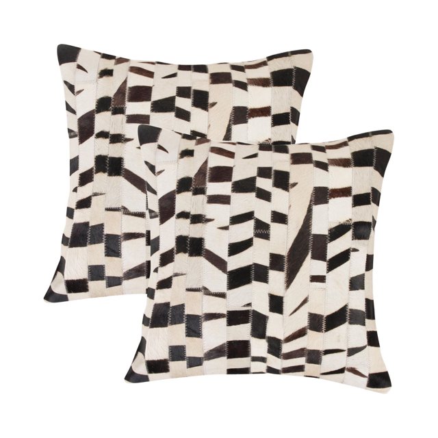H-Natural Torino Madrid Cowhide 2-Pack Pillows in a large square shape, made from 100% natural Indian cowhide with a black, white, and brown patchwork pattern, hand-stitched with hidden zipper closures and soft microsuede backing, ideal for layering in home décor.