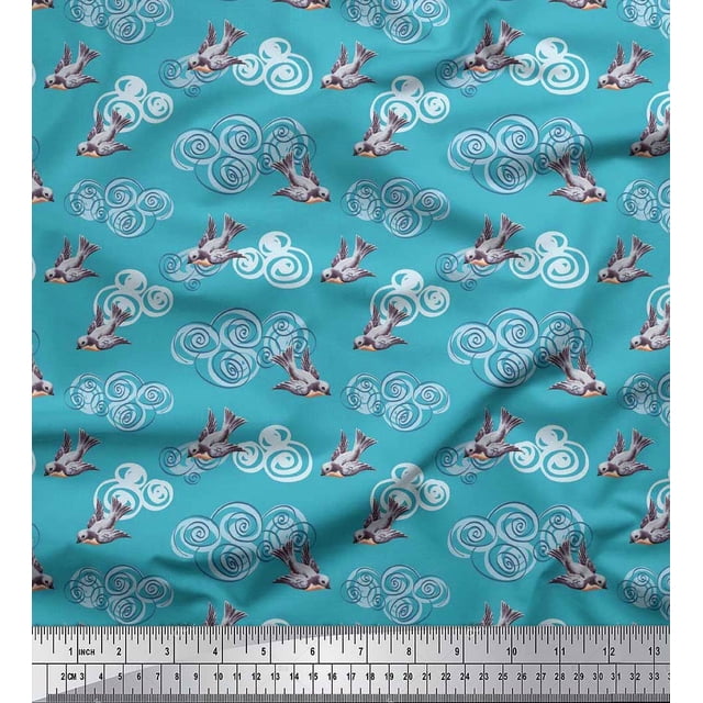 Soimoi Poly Georgette Fabric Clouds & Bullfinch Bird Print Fabric by Yard 52 Inch Wide