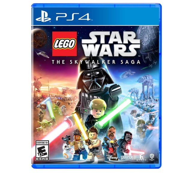 LEGO Star Wars The Skywalker Saga PS4 game cover Mettant en Vedette LEGO Darth Vader et Luke Skywalker avec lightsabers, aux Côté de Chewbacca, BB-8 et d'Autres Personnages, sur Fond de Bataille Spatiale avec Vaisseaux Spatiaux, Planètes et l'Étoile de la Mort.