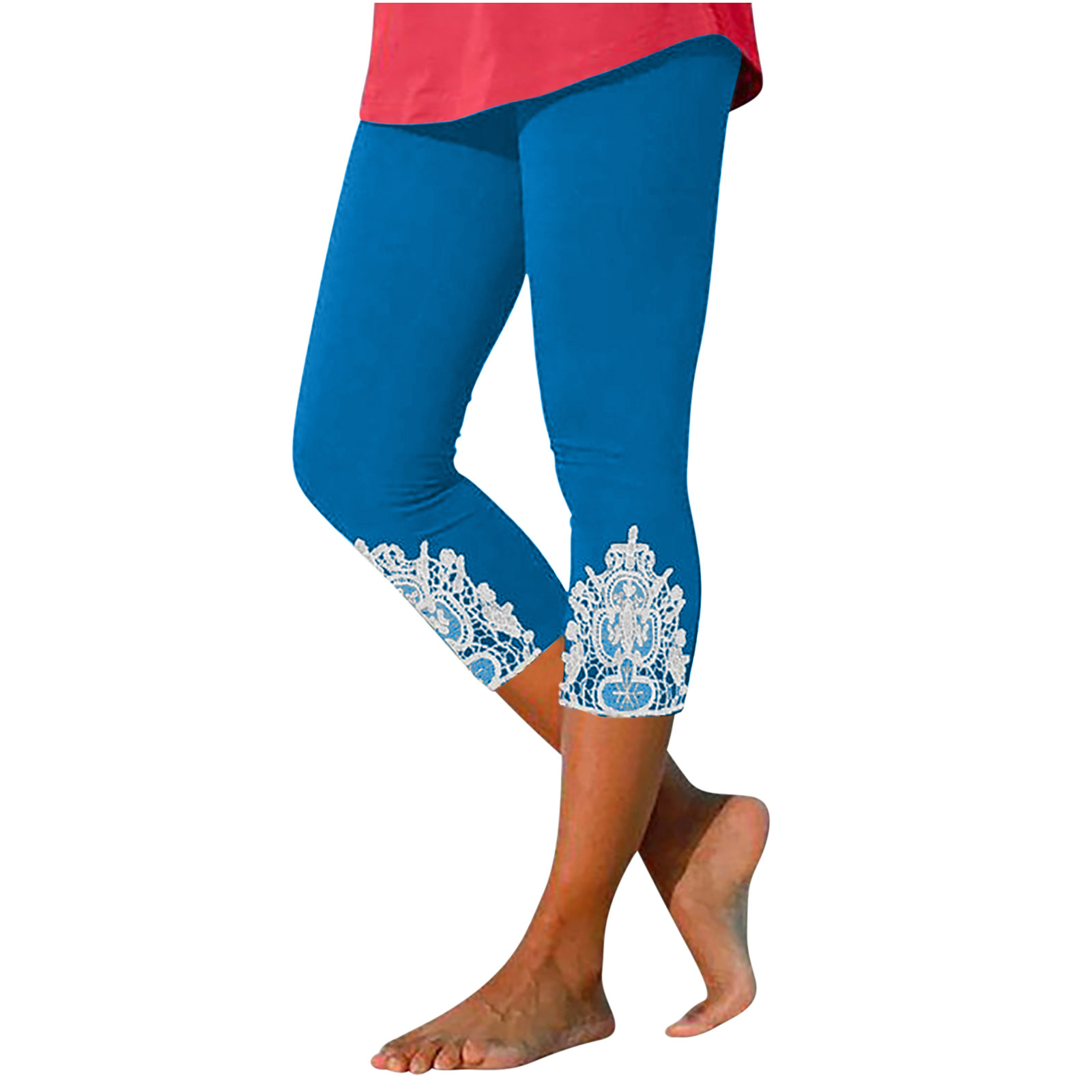 QATAINLAV Leggings Capri for Women, Summer Lace Patchwork Womens Workout Yoga Leggings 2024 Tummy Control High Waisted Cropped Leggings Today's Lightning Sales Light Blue XXXL