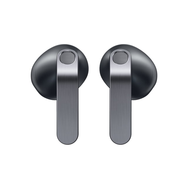 Samsung Galaxy Buds4 true wireless earbuds in matte black with brushed metallic stems and mesh speaker grills, front-facing view on white background, designed for hi-fi 24-bit audio and adaptive active noise cancellation, also suitable for clear calls and seamless device switching.