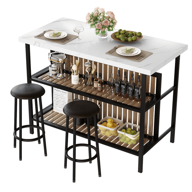 Stmoze Kitchen Island with Storage & Seating , Faux Marble Island Table for Kitchen, Modern Bar Table and Chairs Set for 2, Counter Dining Table Set for Small Space, White