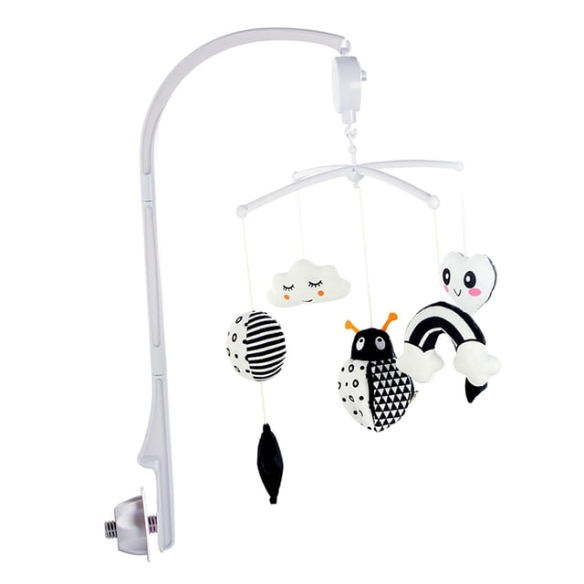 Baby Mobile Sensory Baby Crib Rattles Bell Holder for Newborn Girls Ladybug with a white arm and clamp base, featuring a rotating mobile with soft hanging toys including a ladybug, cloud, striped ball, and heart. Made of ABS and PP cotton, it plays soft music and rotates 360 degrees to attract baby's attention, improve hand-eye coordination, and provide sensory stimulation. Suitable for use as a musical crib mobile.