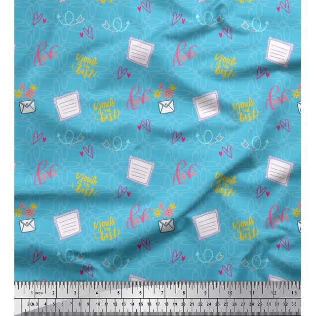 Soimoi Blue polyester Crepe Fabric Heart & Love Text Decor Fabric Printed Yard 42 Inch Wide