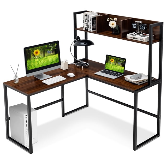 Costway 55"L-Shaped Desk Corner Computer Desk Writing Workstation Table w/Hutch Walnut