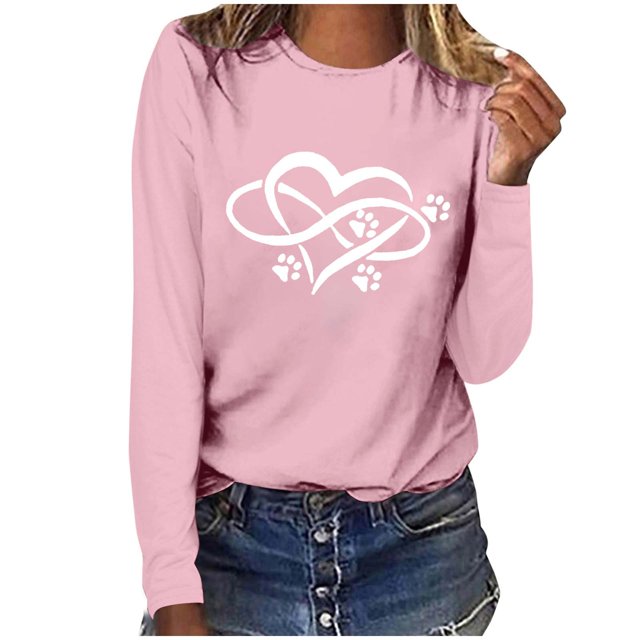 Pisexur Hauts pour Femmes Mode d'Automne T-Shirt à Imprimé Graphique Cœur Col Rond Manches Longues Chemises pour Femmes Chic Décontracté Hauts de Sortie Confort Polyvalent Blouses Légères