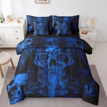 YST Blue Skull Full Comforter Set For Boys Kids Teen Gothic Skeleton Bed In A Bag 7 Piece Smoke Goth Skulls Bedding Set Hippie Halloween Bed Set Reversible