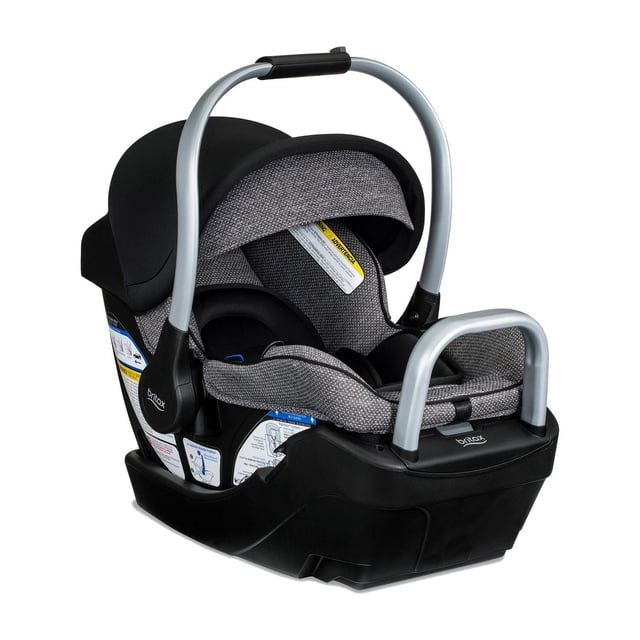 Britax Willow™ SC Infant Car Seat with Alpine Base in Pindot Onyx, shown at a 3/4 angle. Features black and grey pindot fabric with padded interior, adjustable aluminum carry handle, Alpine™ base with ClickTight® technology for secure installation, and ReboundReduce™ stability bar. Compact design saves backseat space; StayClean™ and SafeWash® fabrics resist stains and are machine washable.