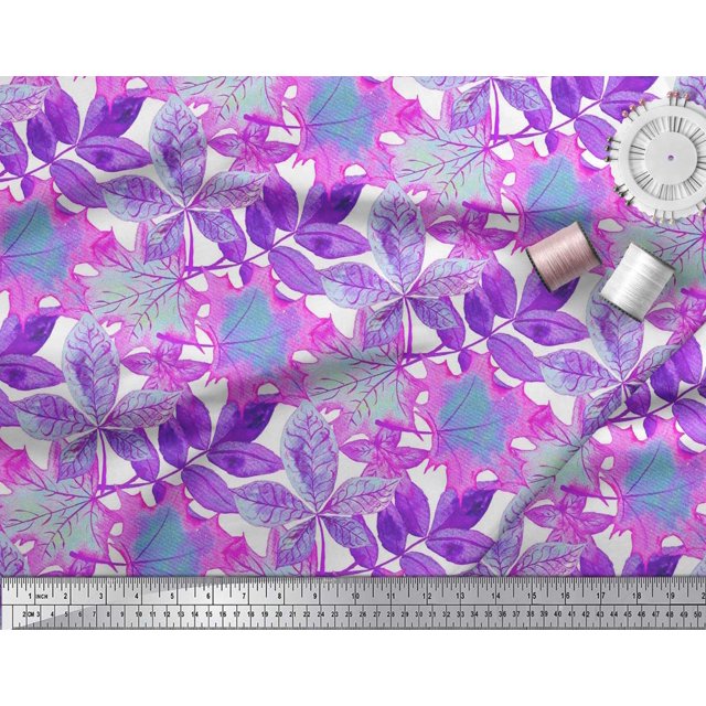 Soimoi Purple Modal Satin Fabric Autumn Leaves Printed Fabric 1 Yard 42 Inch Wide