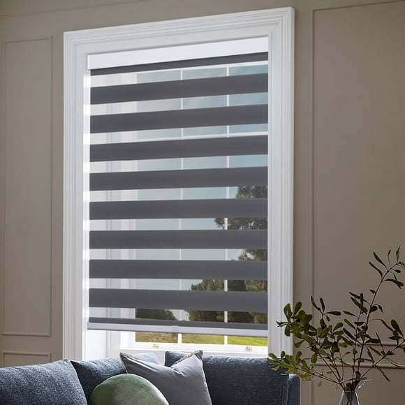 Biltek Zebra Cordless Window Blinds, Dual Layered Light Filtering Roller Shades, Easy Install Blinds, Indoor Home Decor, Pull-Down Shades for Windows, Light Control for Day & Night, Gray, 32"W X 72"H