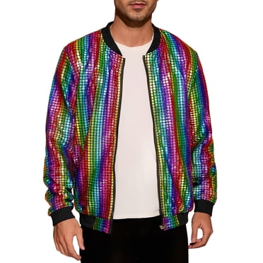 INSPIRE CHIC Vestes Universitaires Holographiques pour Hommes à Fermeture Éclair Complète, Vestes Bomber Métalliques Brillantes pour Fête m Multicolore