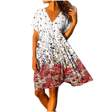 Fridja Womens Summer Printed V-neck Short Sleeve Casual Dress