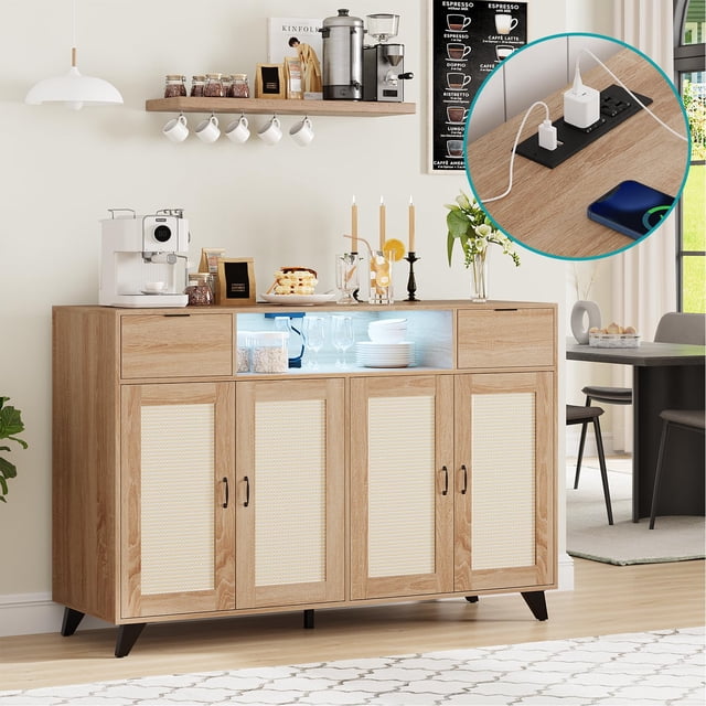 Buffet Sideboard with 4 Doors, a farmhouse-style kitchen storage cabinet with rattan accents and a wood finish. Features two drawers, built-in power outlets with USB ports, and LED lighting. Offers spacious storage and a top display area, ideal for use as a coffee bar cabinet in kitchens, dining rooms, or entryways. Measures 47.3” L x 15.8” W x 31.5” H.