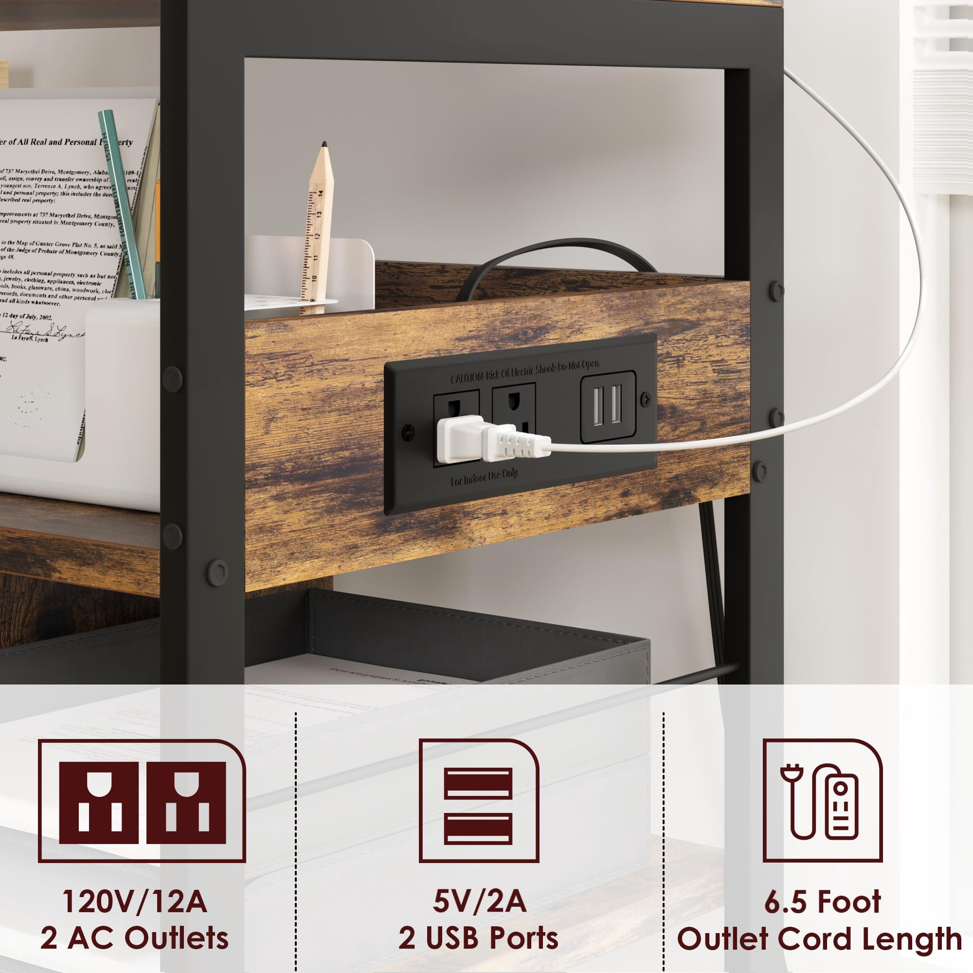 Kojooin Chariot d'Imprimante Roulant avec Prises de Courant et Ports USB, Chariot d'Imprimante Roulant à 4 Niveaux avec Tablette de Rangement, Table d'Imprimante, Support d'Imprimante Domestique, Table d'Imprimante Mobile avec Roues pour Bureau, Noir