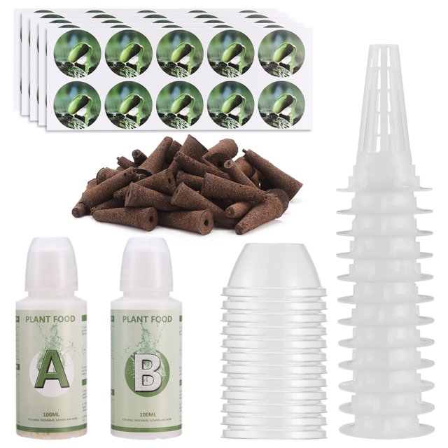 Hydroponic garden accessories plant pod set compatible with hydroponic growing systems like Aerogarden. Includes 12 planting baskets, 12 growing domes, 50 compressed peat grow sponges, 50 pod labels, and 2 bottles of A&B plant food with refills. Ideal for growing vegetables, herbs, flowers, and strawberries in hydroponic systems.