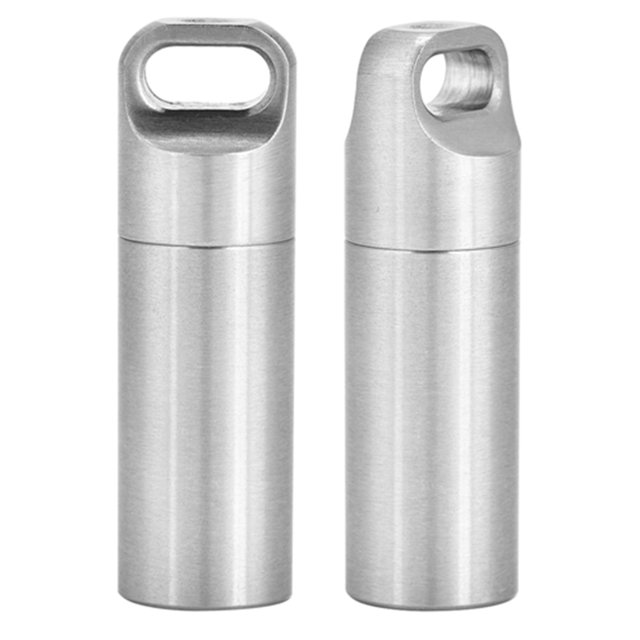 Pill Keychain, Waterproof Stainless Steel Pill Case Camping Pill Container Keychain Pill Holder Organizer for Outdoor Camping. Features a compact cylindrical design with a brushed stainless steel finish. Includes a keychain loop for easy attachment to keys or bags. Waterproof and airtight, ideal for protecting pills or small items during outdoor activities like camping, hiking, or climbing. Available in multiple sizes for versatile use.