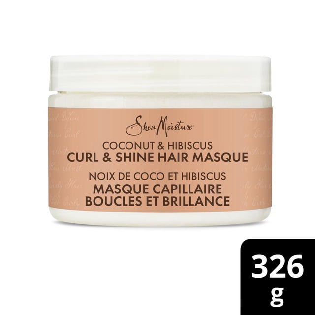 SheaMoisture Coconut & Hibiscus Curl & Shine Hair Masque in a white round jar with a beige bilingual label, containing 326 grams of leave-in deep conditioner for curly and colour treated hair, enriched with shea butter and coconut oil to hydrate and reduce frizz.