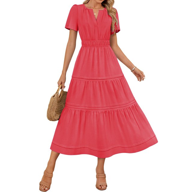 Meichang Robes Midi d'Été pour Femmes à Manches Courtes, Encolure en V Fendue, Taille Plissée, Robe Trapèze, Évasée, Décontractée, à Étages, Longue, Robes d'Invitée de Mariage