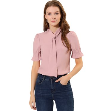 Allegra K Chemisier à Col Noué pour Femmes, Manches Bouffantes, Bouton, TG Rose