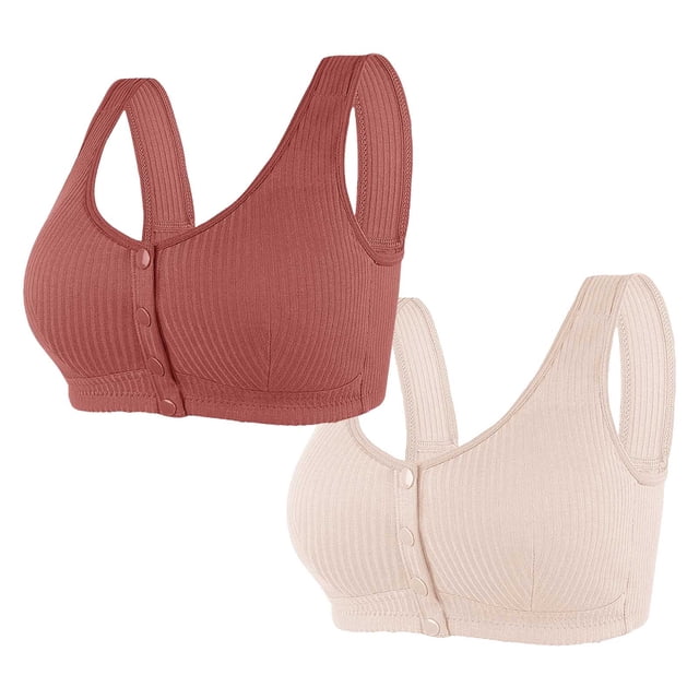 TACILIP 2 Pack Plus Size Wireless Bras Front Closure Bras for Women Front Button Push Up Bra for Old Women Soft Wirefree Seamless Bralettes with Wide Strap