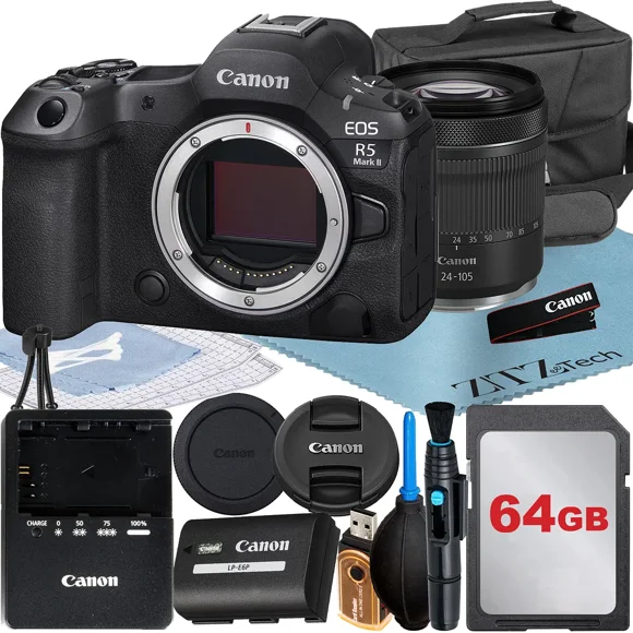 Canon EOS R5 Mark II Mirrorless Camera with RF 24-105mm Lens + 64GB Memory Card + Case + ZeeTech Accessory Bundle