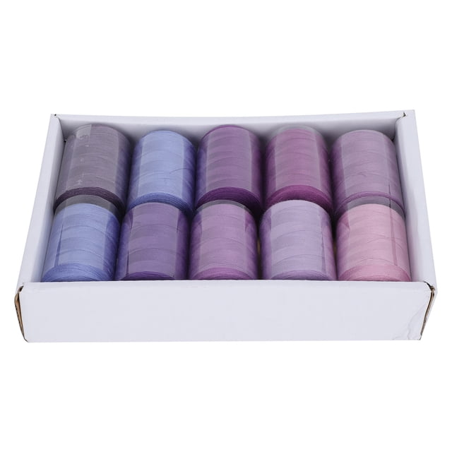 Home Sewing Thread set with 10 spools of purple-toned thread, each 300 yards long, arranged in a white box. Perfect for arts and crafts, sewing notions, clothing decoration, handcrafts, and embroidery projects. Includes shades from light lavender to deep violet.