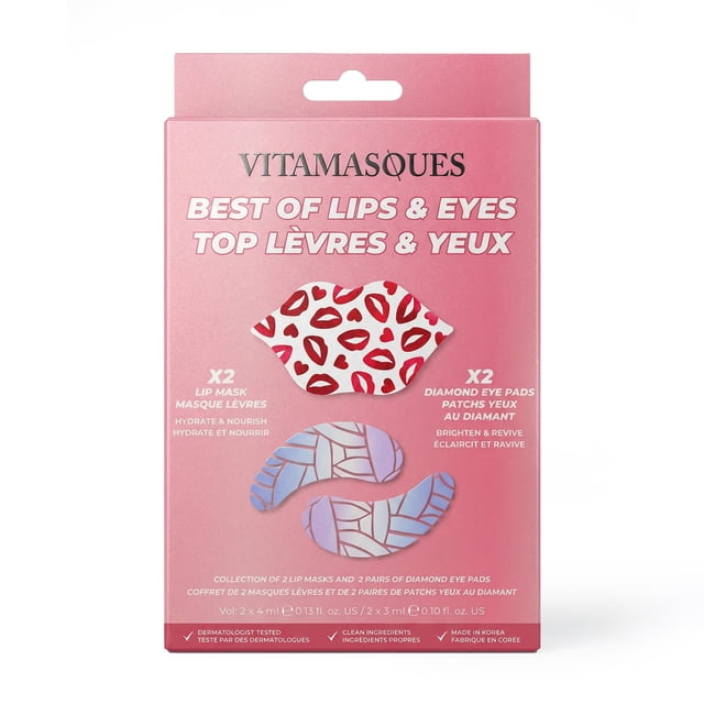 Vitamasques Best of Lip and Eye Box Set with a pink box featuring a lip mask printed with red lips and two blue-purple diamond eye pads, including 2 hydrating lip masks and 2 de-puffing eye masks to nourish lips and refresh under-eye skin, dermatologist tested and travel-friendly for all skin types.