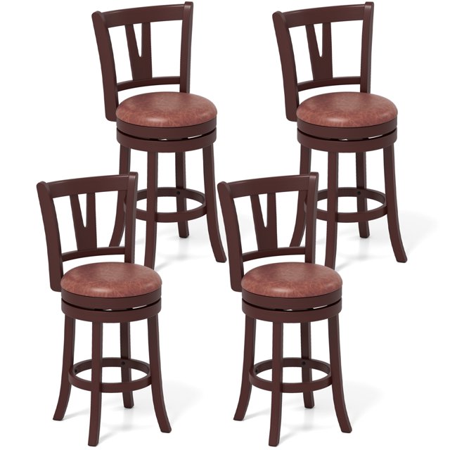 Gymax 26'' Counter Height Swivel Barstools Set of 4 with high backs and footrests, featuring a solid wood frame in a cappuccino finish. Each stool has a 360-degree swivel seat upholstered in premium faux leather with soft sponge padding, a contoured backrest with a 105-degree incline, and a built-in footrest for ergonomic support. The stools are designed for 35''-39'' counter heights and support up to 355 lbs each.