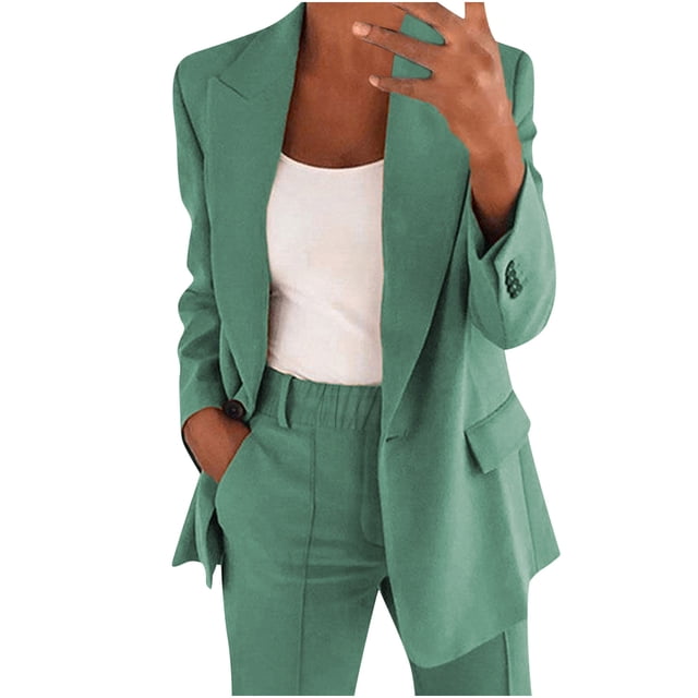 Pisexur Women's Two Piece Outfits Solid Color Long Sleeve Button Suit Blazer Jacket Wide Leg Pants Matching Set with Pockets Business Work Casual Suit Sets Plus Size S-5XL