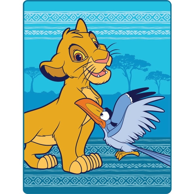 Le Roi Lion Jeté en Molleton Mettant en Vedette Simba le Lionceau and Zazu le Calmar sur un Fond en Molleton Bleu avec des Motifs Tribaux et des silhouettes d'Acacia, Convient à la Literie pour Enfants et aux Jetés pour Enfants.