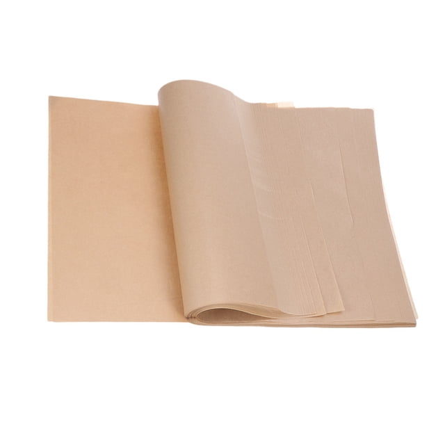 100 Sheets Parchment Paper Sheets for Baking, featuring non-stick and grease-resistant material. These pre-cut parchment sheets, measuring 40.00 x 30.00 cm, are suitable for baking cakes, cookies, breads, and more. Compatible with ovens, microwaves, and refrigerators, they are ideal for lining food pans or air fryer baskets. The sheets are shown in a stack with a natural brown finish, partially fanned out for display.