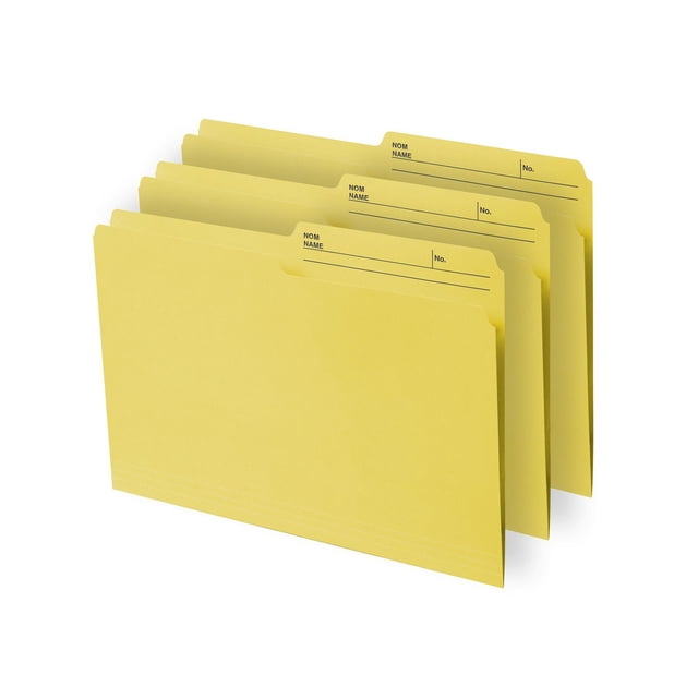 Continental Letter size File Folders in yellow colour, 12 count, showing six folders with 1/2 cut reversible tabs labeled for name and number. Made in Canada from 100% post-consumer recycled material with three horizontal fold-lines at the bottom for neat handling of bulky documents, ideal for office filing and desk organization.
