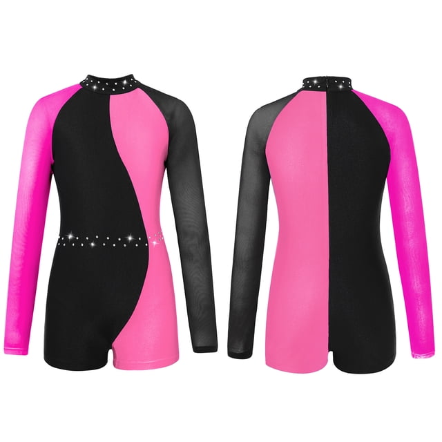 TSSOE Shiny Rhinestones Gymnastics Leotards for Girls Long Sleeve Dance Jumpsuit Athletic Ballet Unitards Rose 10