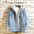 thumbnail image 2 of Denim Jacket for Men, Long Sleeve Hooded Motorcycle Style with Button Pocket, Black, Standard Thickness, Hand Wash Cold, 2 of 9