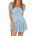thumbnail image 1 of Honganda Women Summer Short Dress, Solid Color Ruched Bust Boat Neck Off Shoulder Puff Sleeve A-Line One Piece, 1 of 9