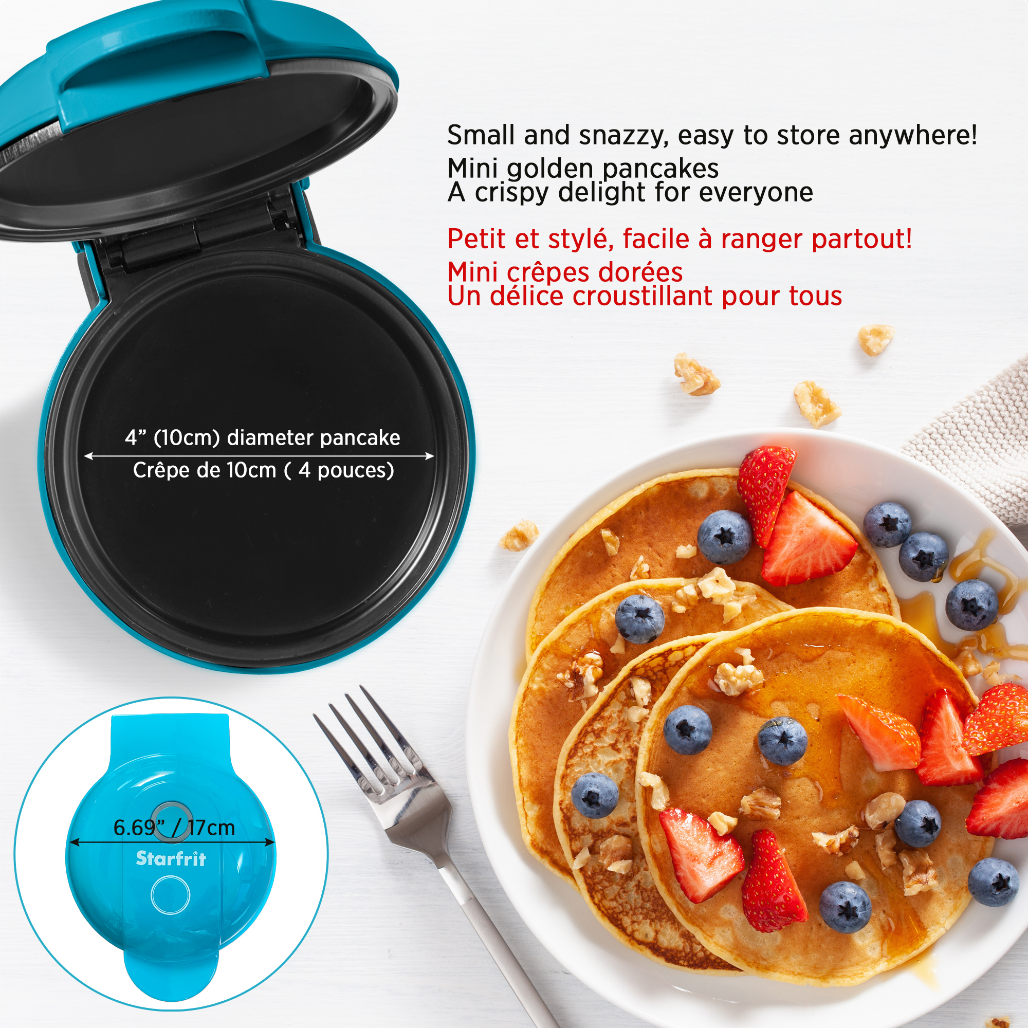 Starfrit Electric Mini Pancake Maker, 4" Non-Stick Cooking Surface, Easy to Use & Clean, Blue, 350 Watts