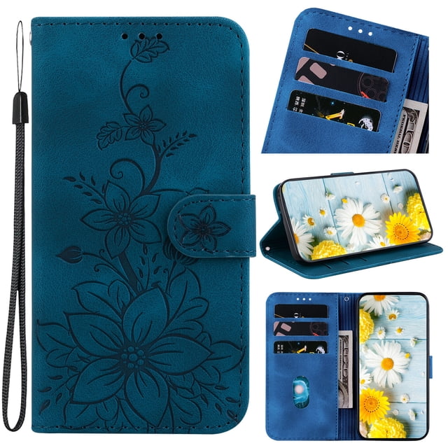 Compatible with Samsung Galaxy A02 Embossed Lily Wallet Case with Card Holder PU Leather Flip Cover
