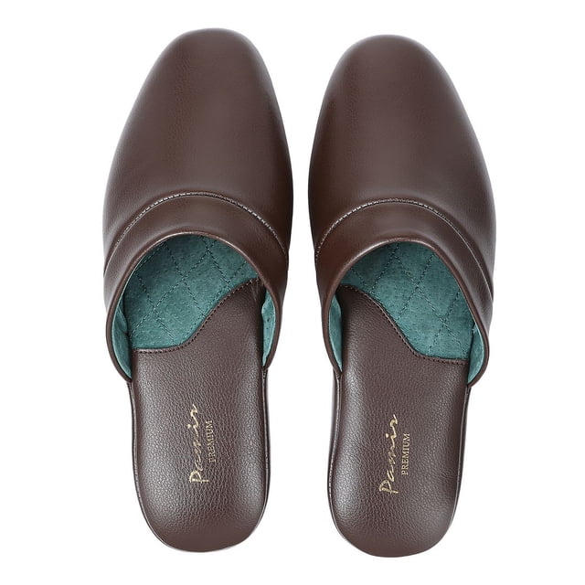 Pamir Men's Genuine Leather Scuff Slippers with Memory Foam Insole and Leather Outsole Size US 13 Wide Width Brown