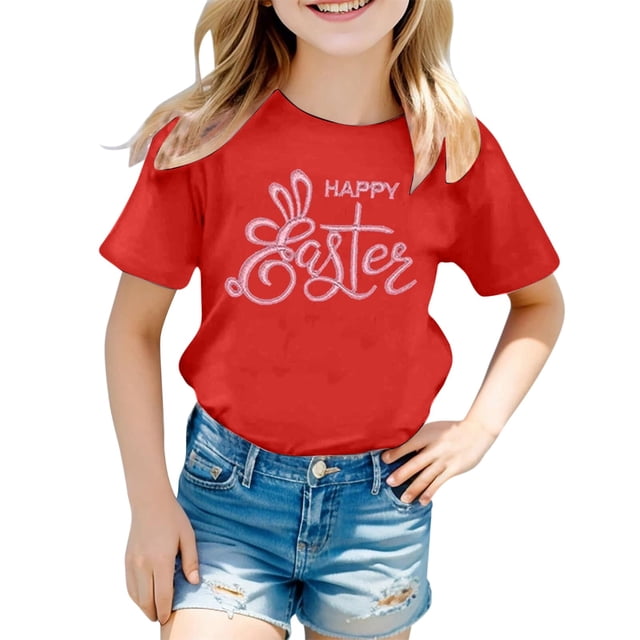 LUOGENLI T-Shirt pour Filles T-Shirt Décontracté pour Enfants Mode Imprimé Col Rond Manches Courtes T-Shirt Chemises pour Filles Travail Grande Taille Rouge 8-9 Ans